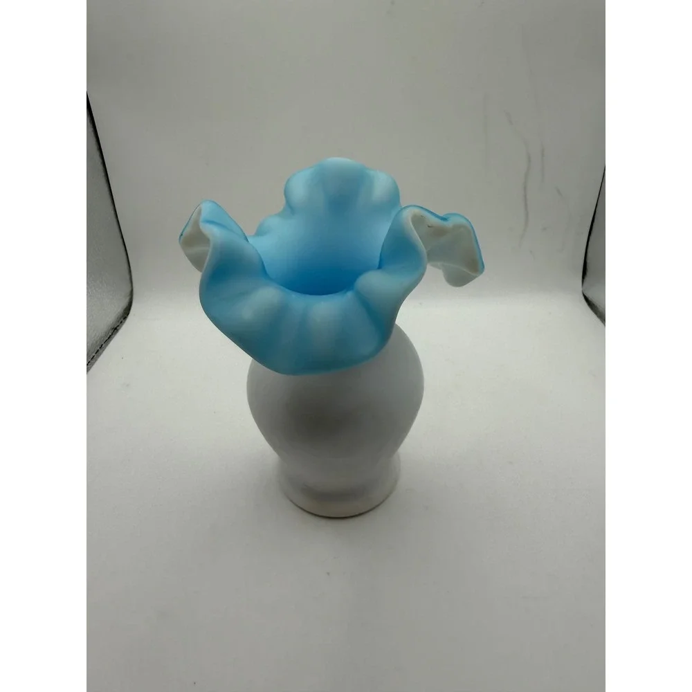 Vintage Blue Ruffled Milk Glass Bud Vase White Satin Cased Glass 4.5 Inch